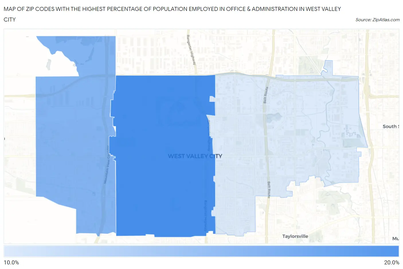 Zip Codes with the Highest Percentage of Population Employed in Office & Administration in West Valley City Map