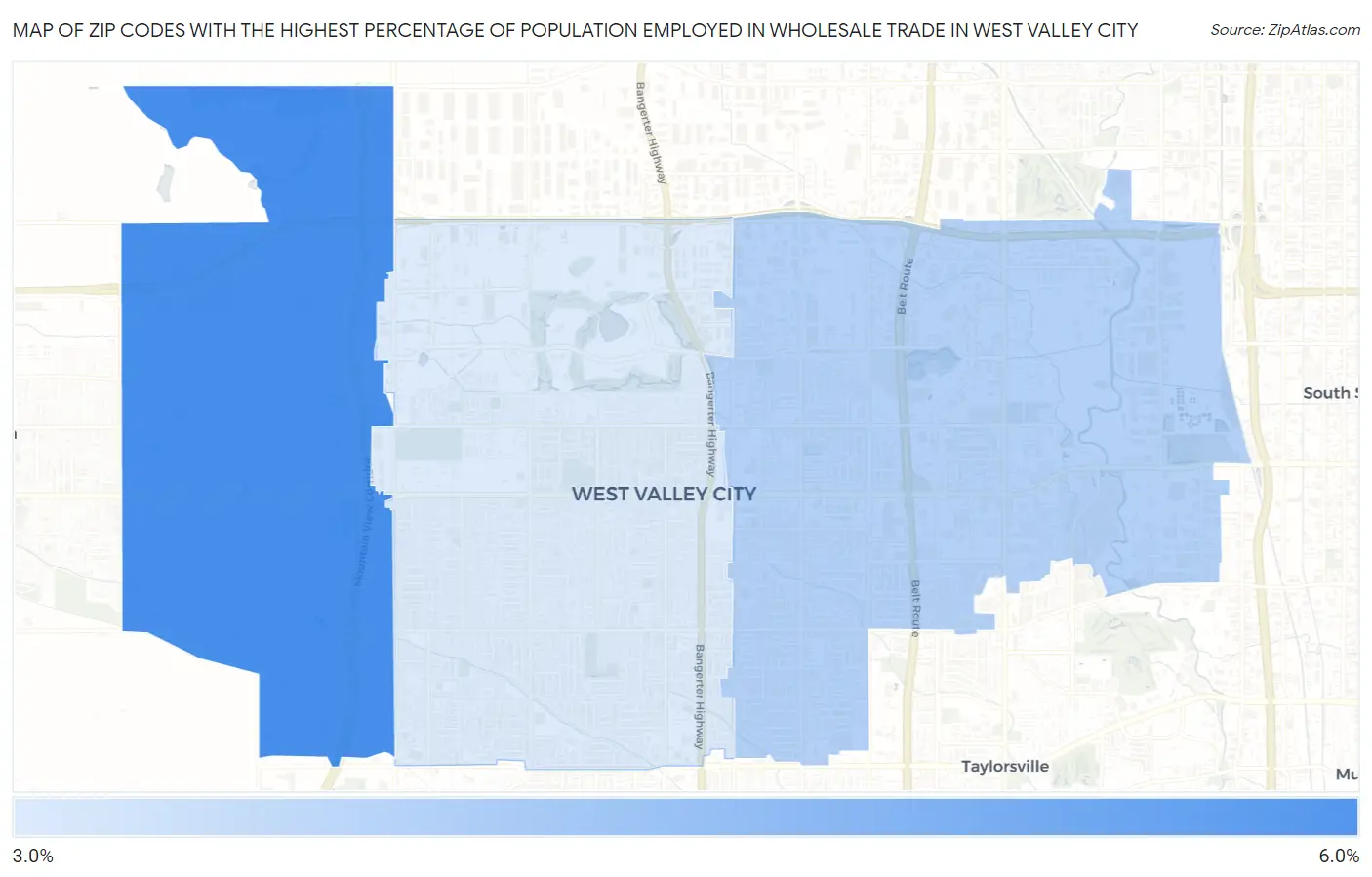 Zip Codes with the Highest Percentage of Population Employed in Wholesale Trade in West Valley City Map