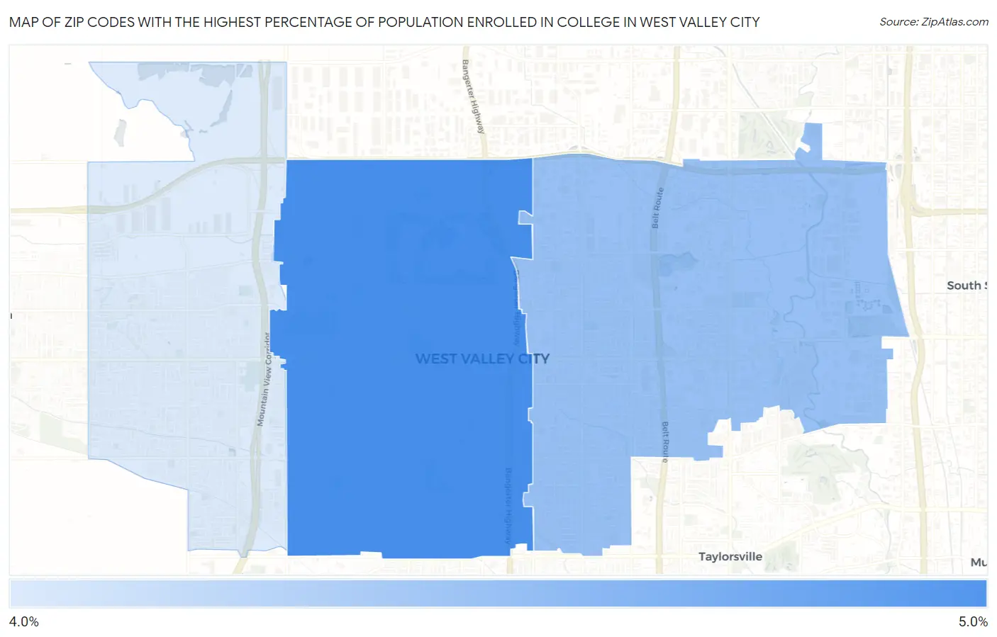 Zip Codes with the Highest Percentage of Population Enrolled in College in West Valley City Map