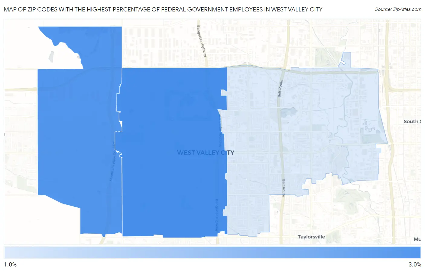 Zip Codes with the Highest Percentage of Federal Government Employees in West Valley City Map