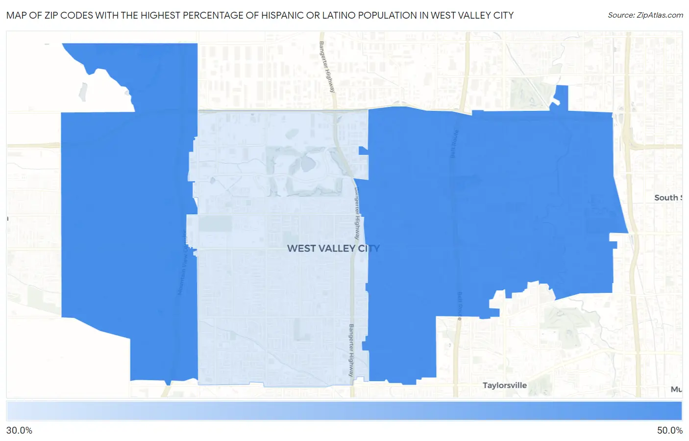 Zip Codes with the Highest Percentage of Hispanic or Latino Population in West Valley City Map