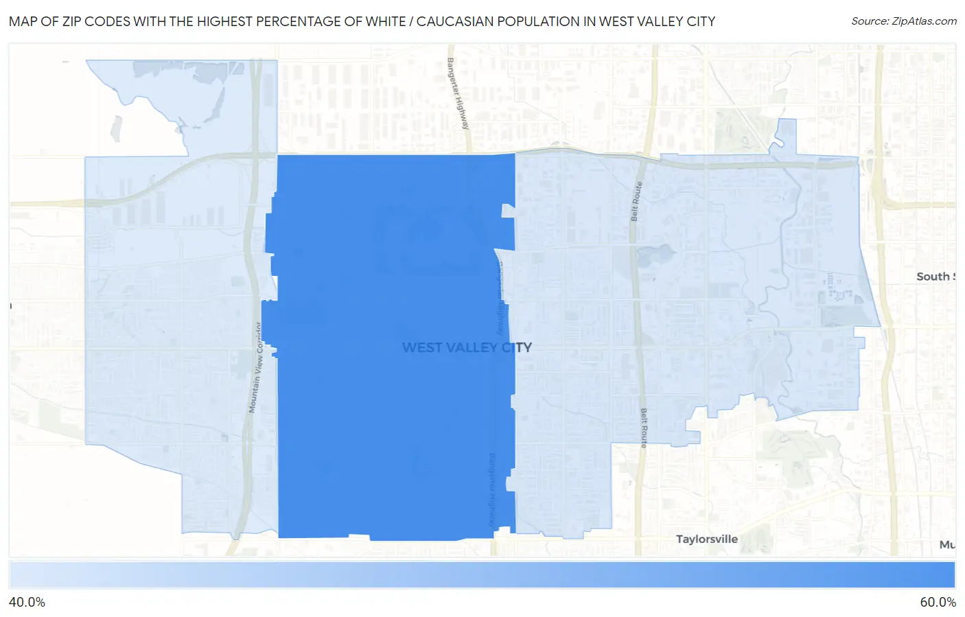 Zip Codes with the Highest Percentage of White / Caucasian Population in West Valley City Map
