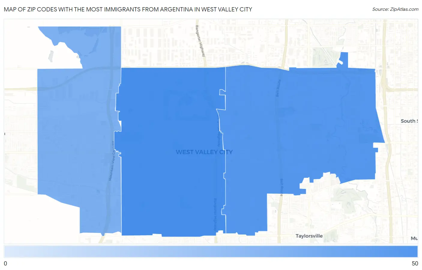 Zip Codes with the Most Immigrants from Argentina in West Valley City Map