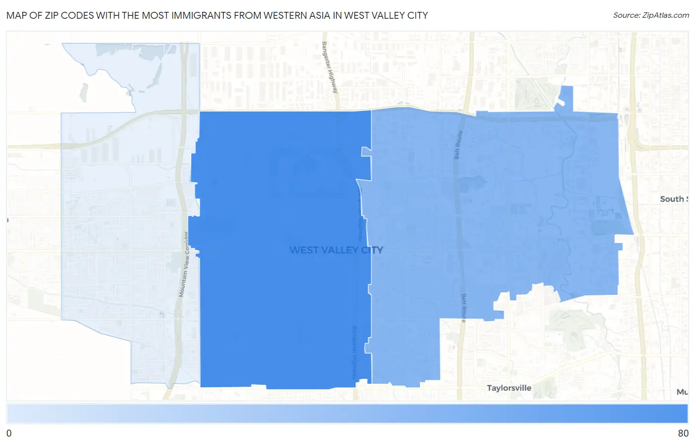 Zip Codes with the Most Immigrants from Western Asia in West Valley City Map