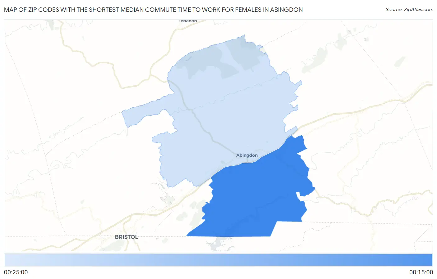 Zip Codes with the Shortest Median Commute Time to Work for Females in Abingdon Map