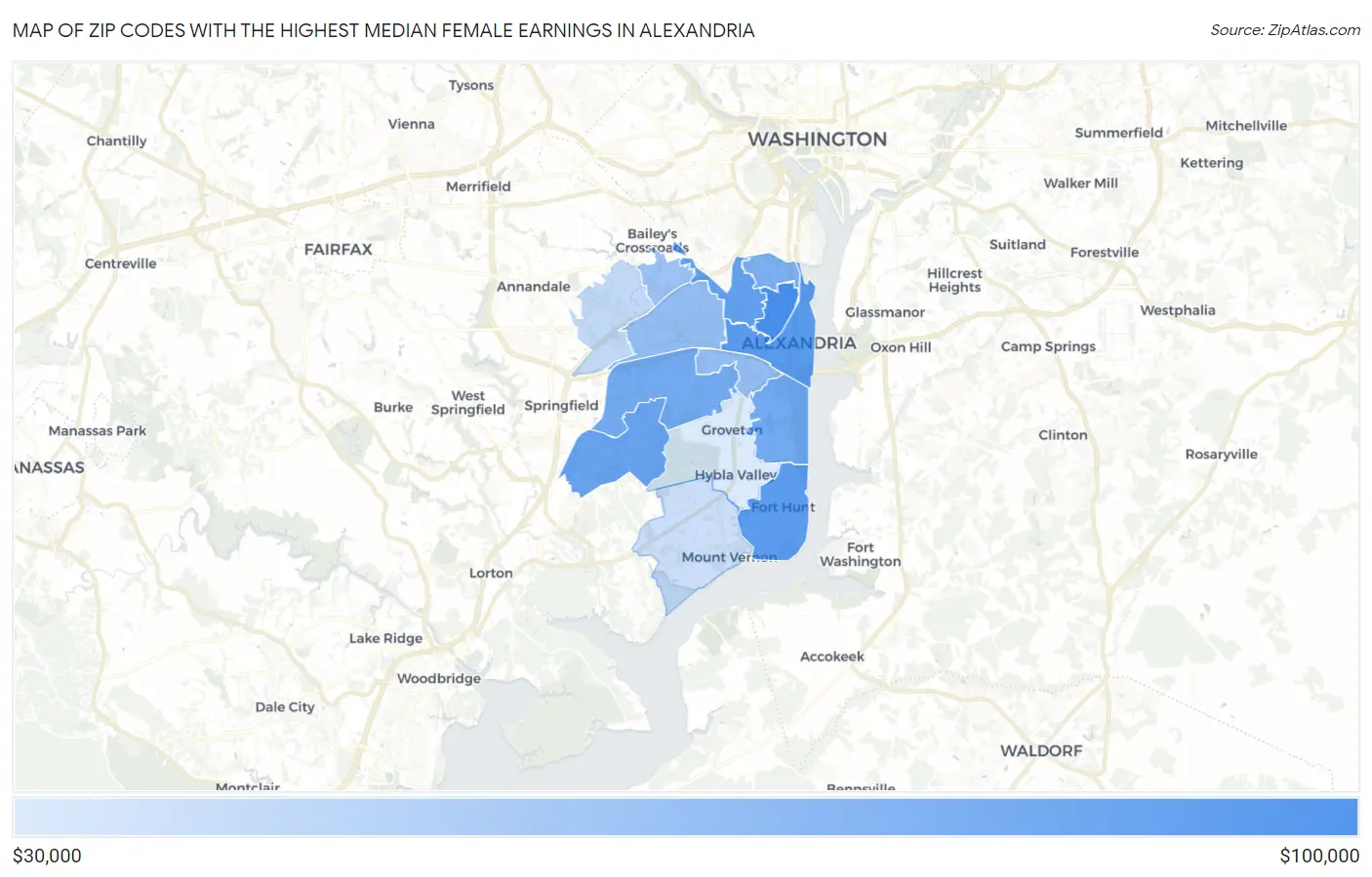 Zip Codes with the Highest Median Female Earnings in Alexandria Map