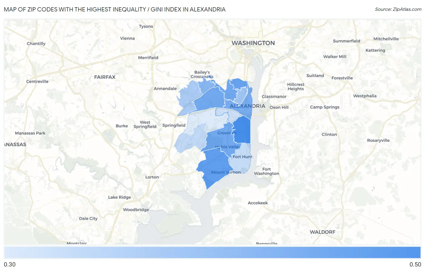 Zip Codes with the Highest Inequality / Gini Index in Alexandria Map