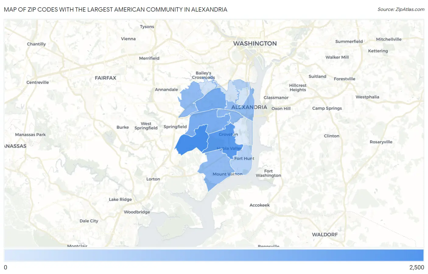 Zip Codes with the Largest American Community in Alexandria Map