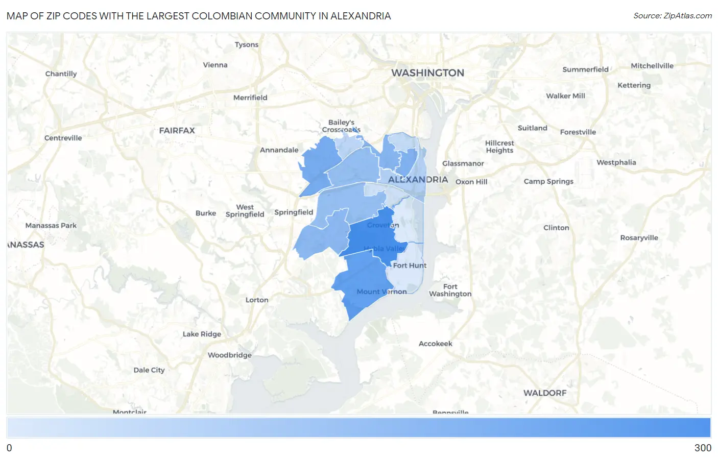 Zip Codes with the Largest Colombian Community in Alexandria Map