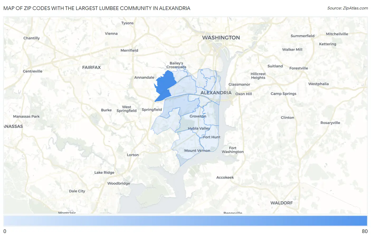Zip Codes with the Largest Lumbee Community in Alexandria Map