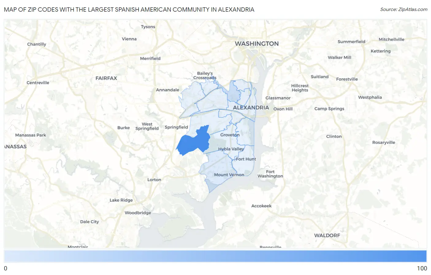 Zip Codes with the Largest Spanish American Community in Alexandria Map