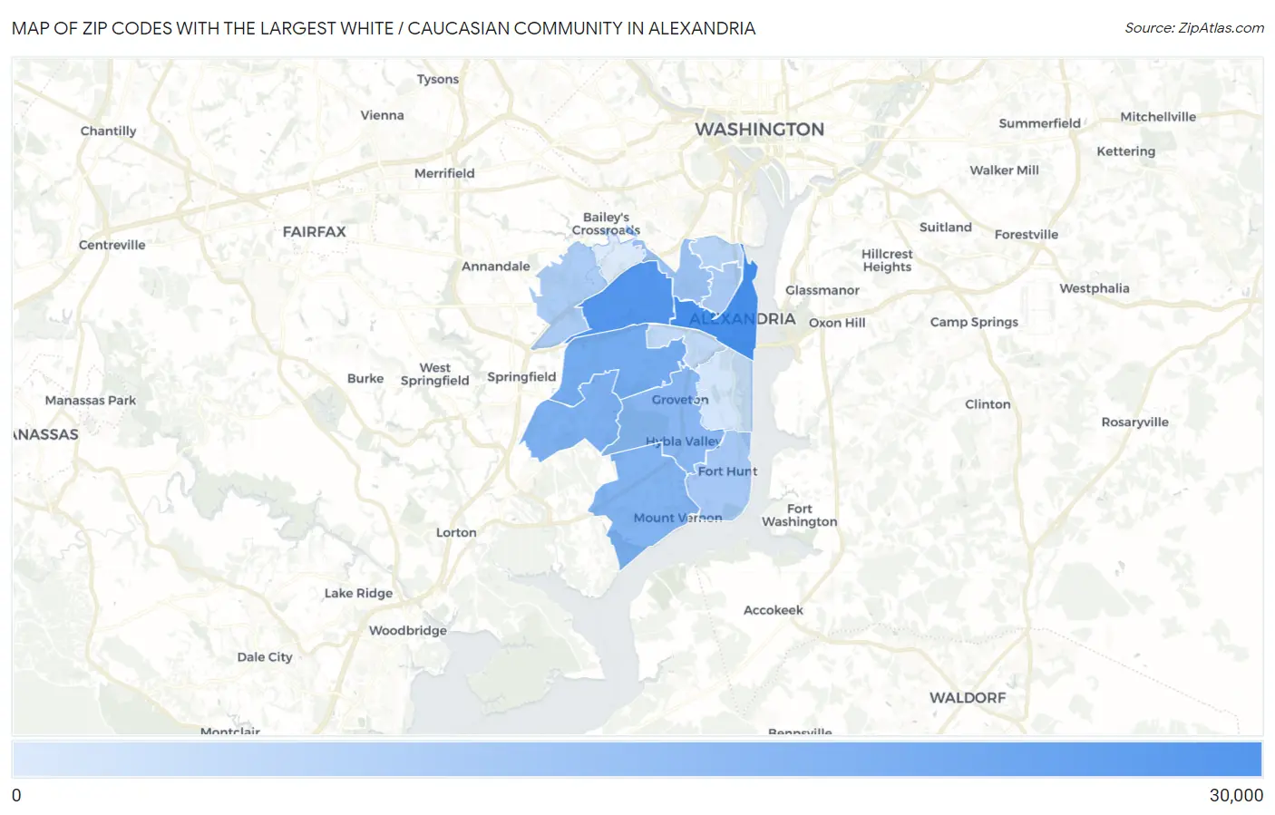 Zip Codes with the Largest White / Caucasian Community in Alexandria Map