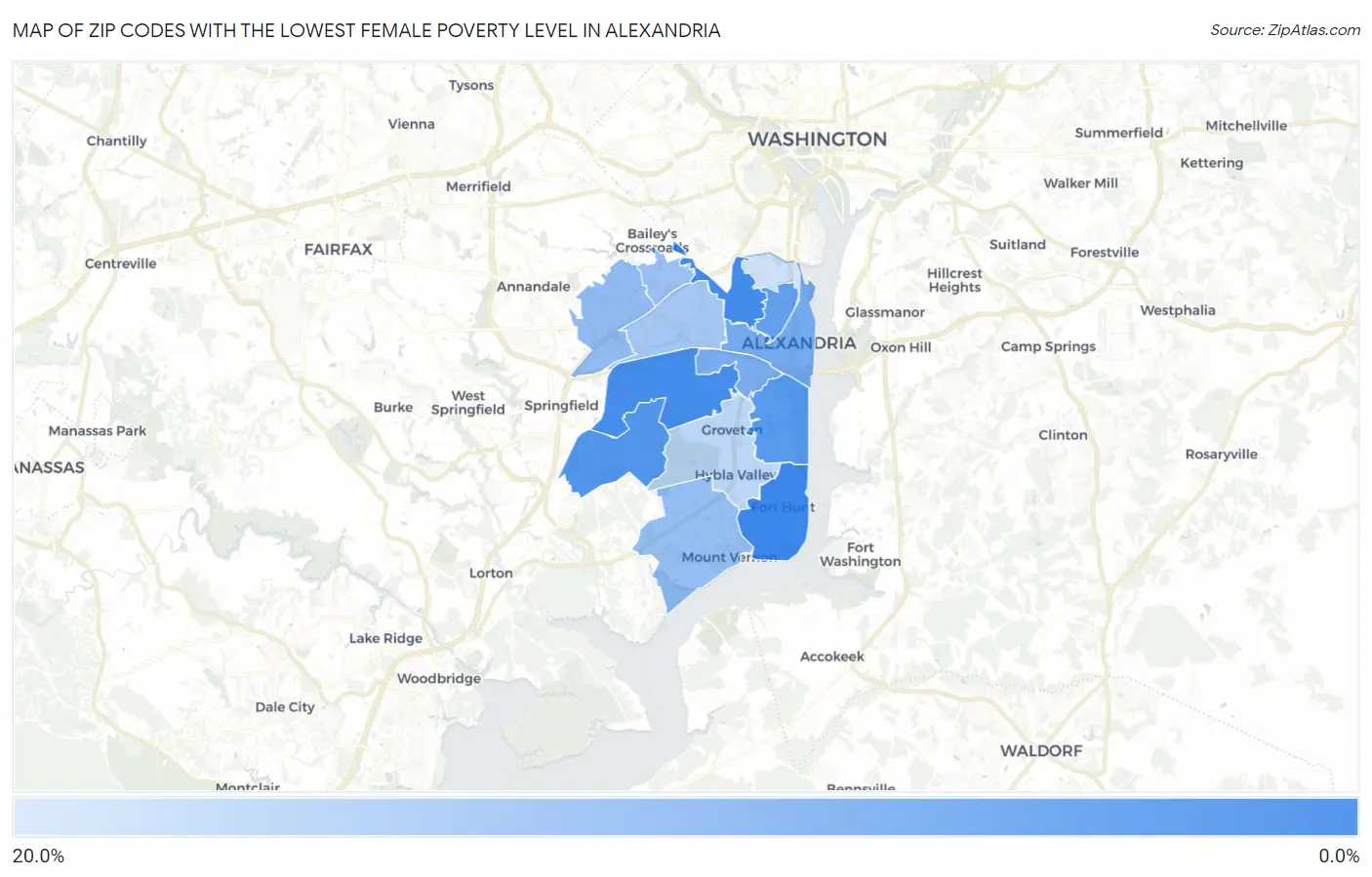 Zip Codes with the Lowest Female Poverty Level in Alexandria Map