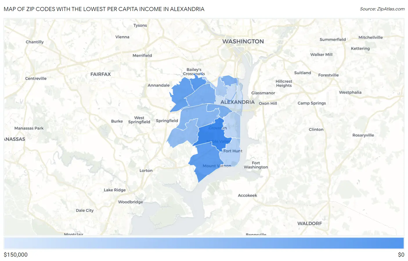 Zip Codes with the Lowest Per Capita Income in Alexandria Map