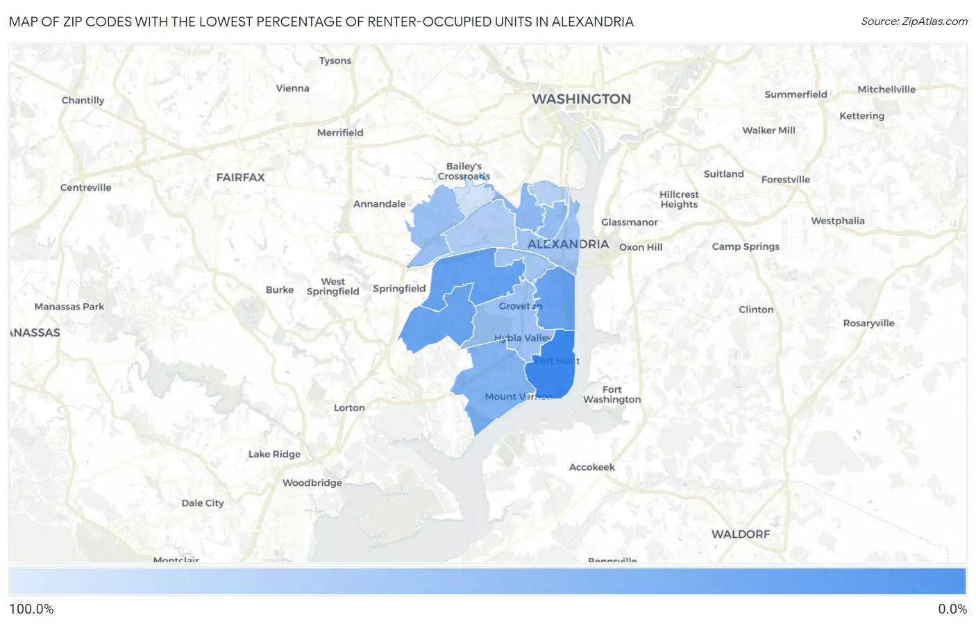 Zip Codes with the Lowest Percentage of Renter-Occupied Units in Alexandria Map