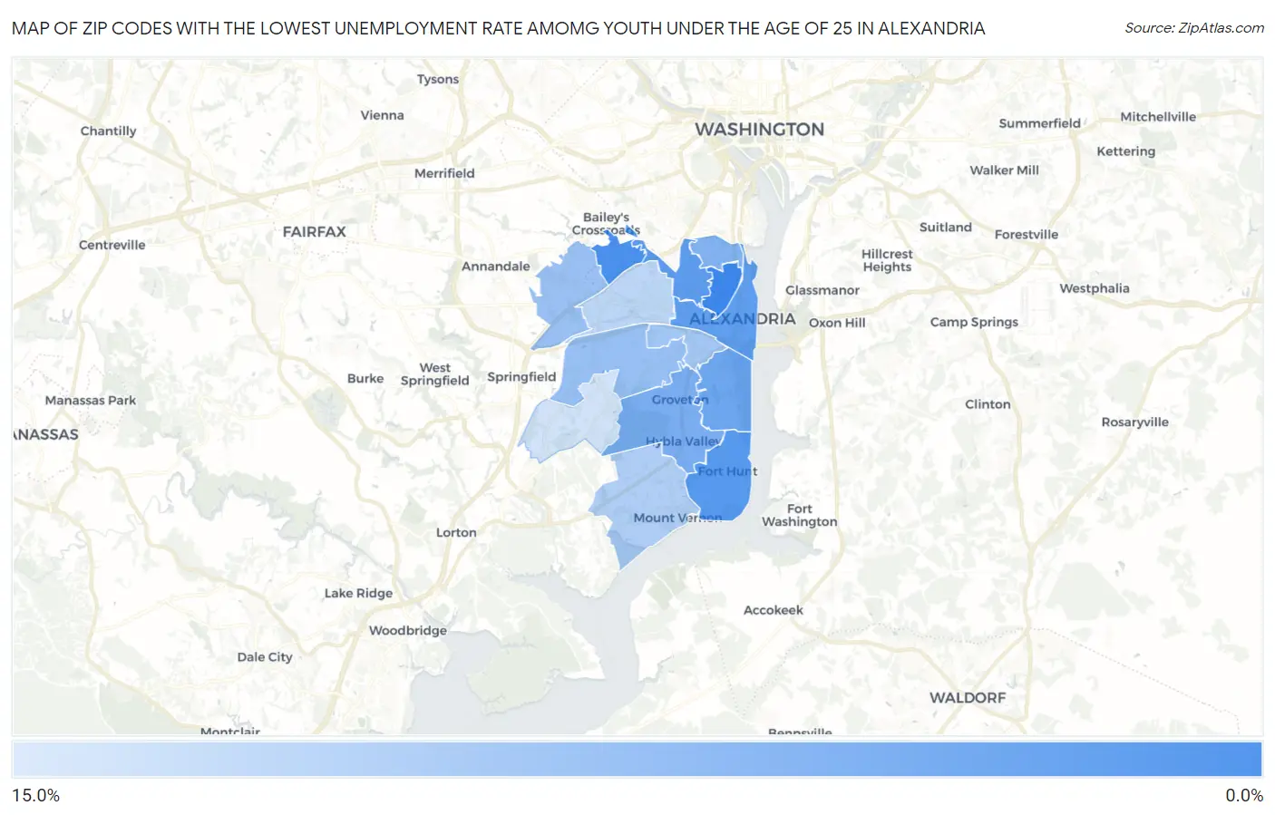 Zip Codes with the Lowest Unemployment Rate Amomg Youth Under the Age of 25 in Alexandria Map