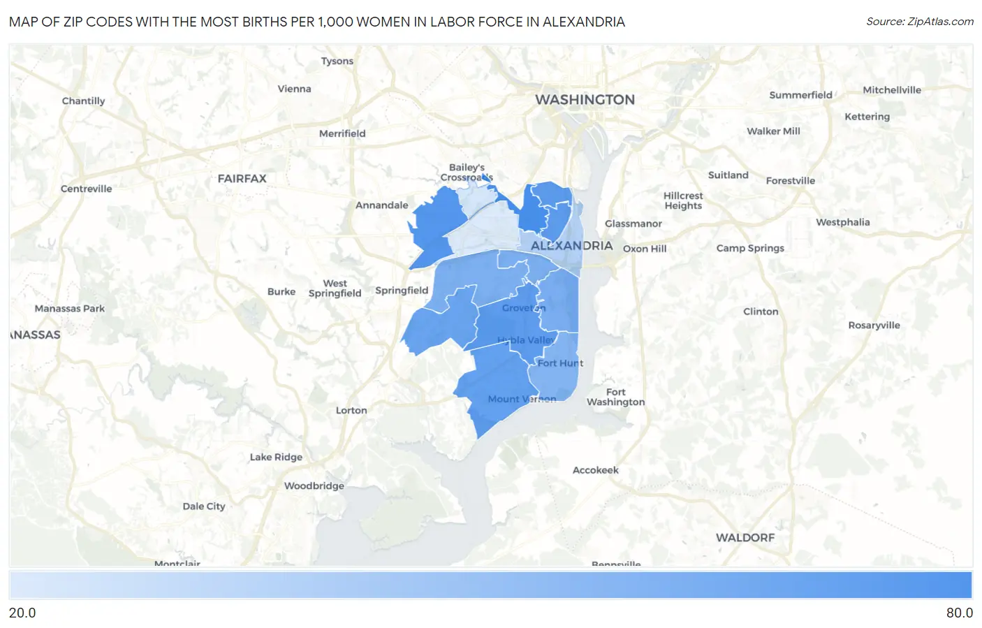 Zip Codes with the Most Births per 1,000 Women in Labor Force in Alexandria Map