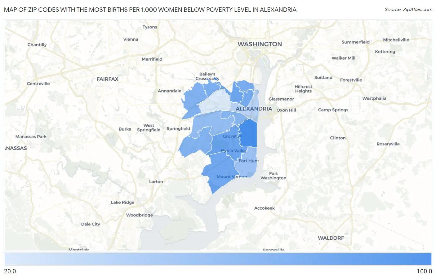 Zip Codes with the Most Births per 1,000 Women Below Poverty Level in Alexandria Map