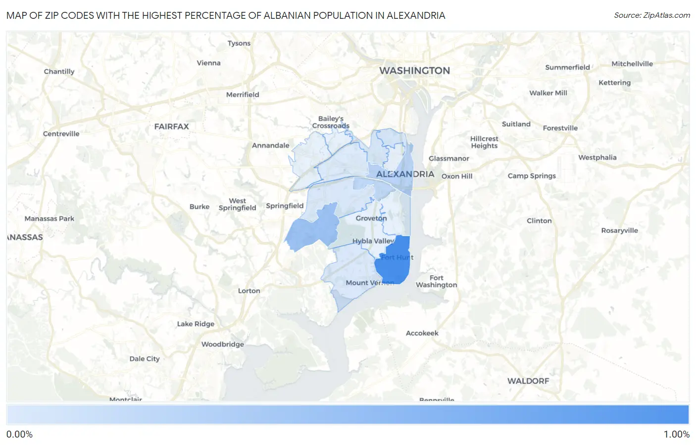 Zip Codes with the Highest Percentage of Albanian Population in Alexandria Map