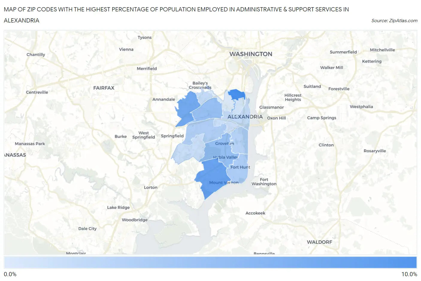 Zip Codes with the Highest Percentage of Population Employed in Administrative & Support Services in Alexandria Map