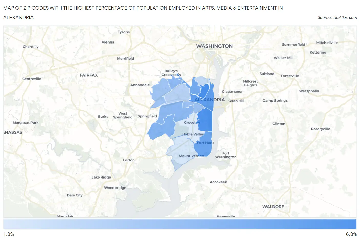 Zip Codes with the Highest Percentage of Population Employed in Arts, Media & Entertainment in Alexandria Map