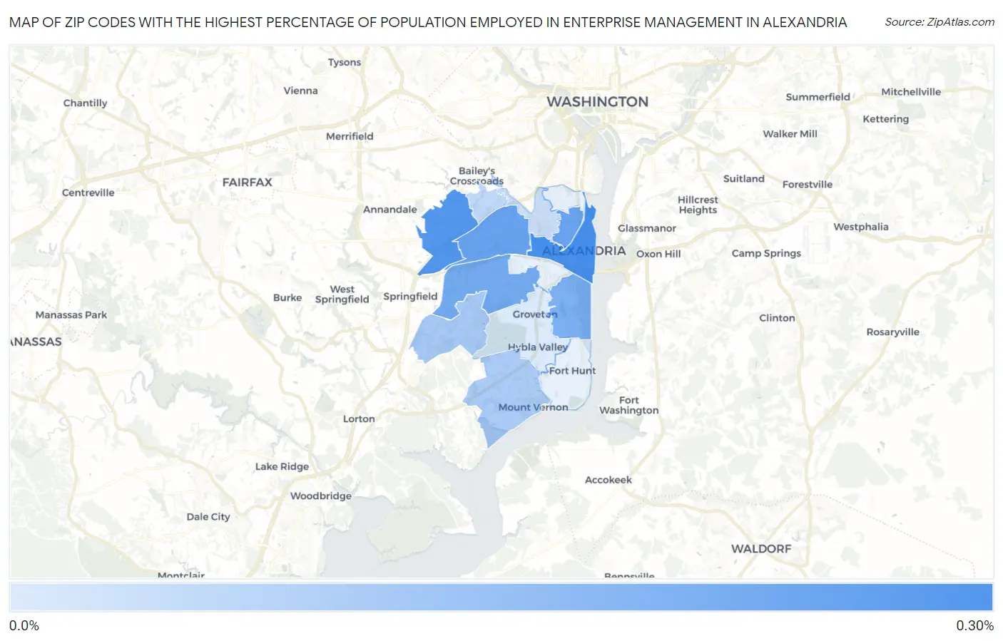 Zip Codes with the Highest Percentage of Population Employed in Enterprise Management in Alexandria Map