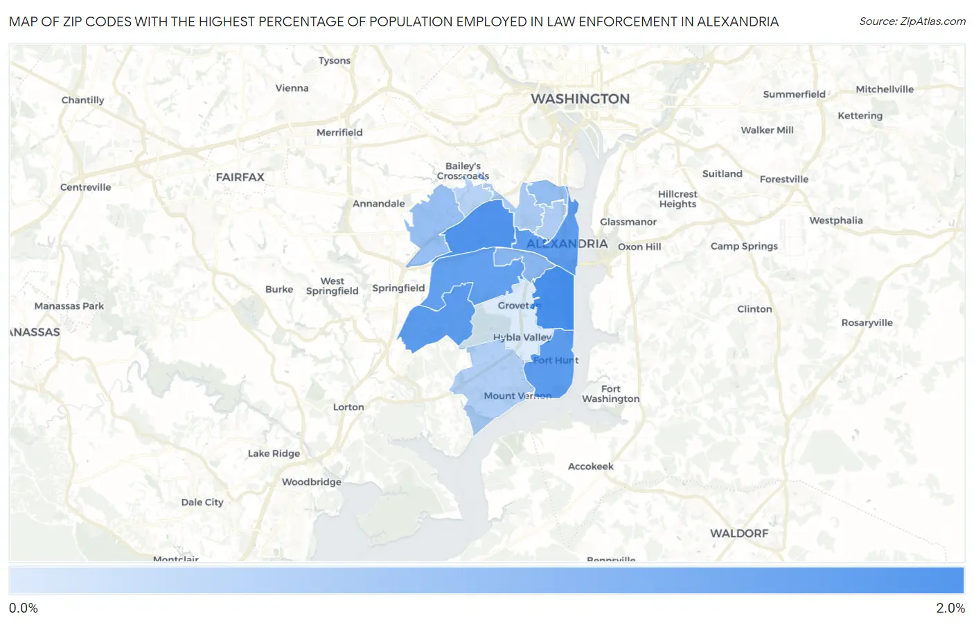 Zip Codes with the Highest Percentage of Population Employed in Law Enforcement in Alexandria Map