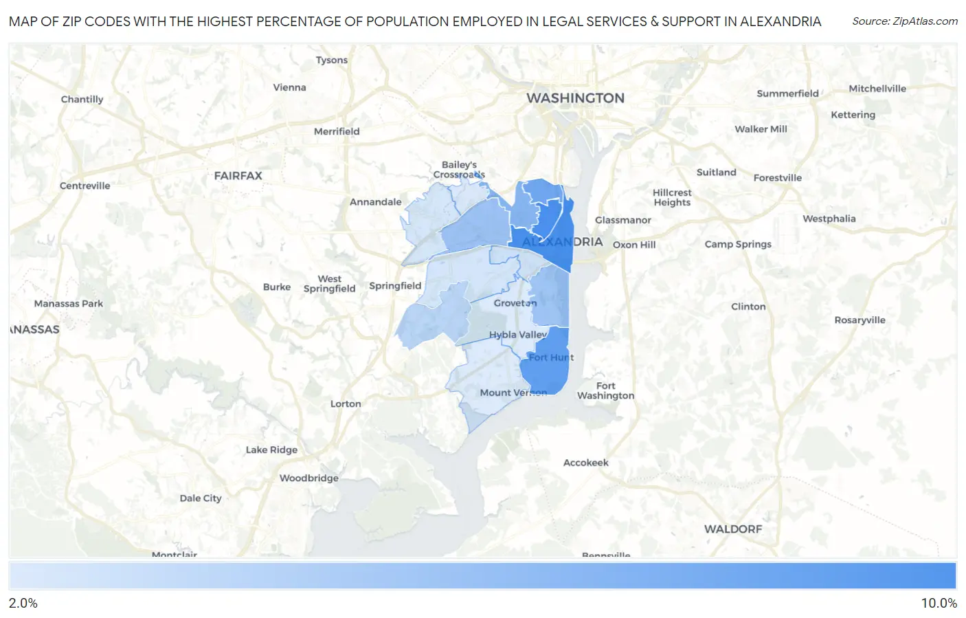 Zip Codes with the Highest Percentage of Population Employed in Legal Services & Support in Alexandria Map