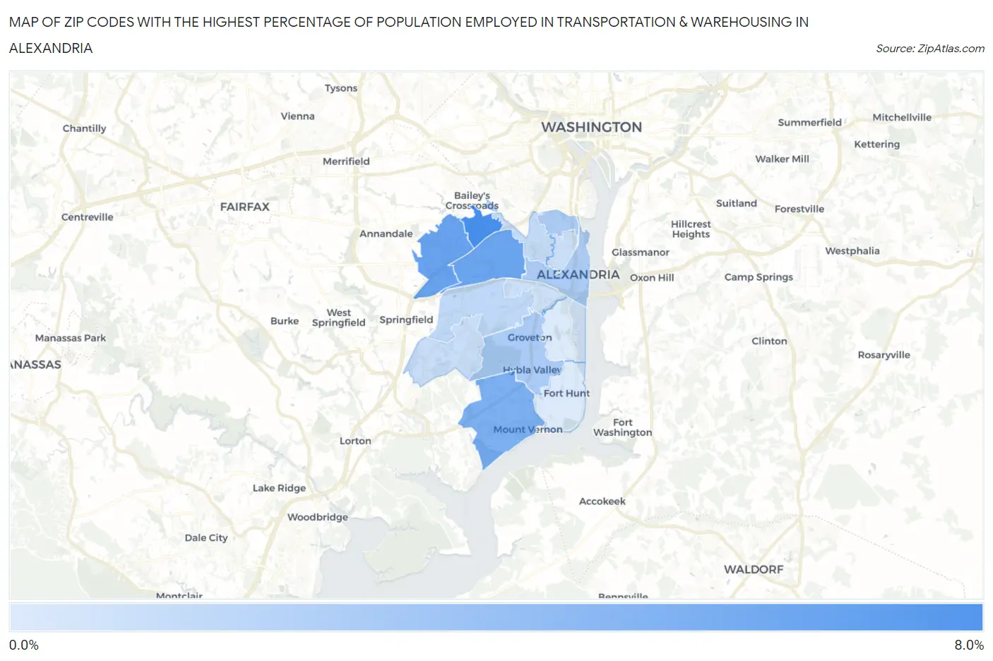 Zip Codes with the Highest Percentage of Population Employed in Transportation & Warehousing in Alexandria Map