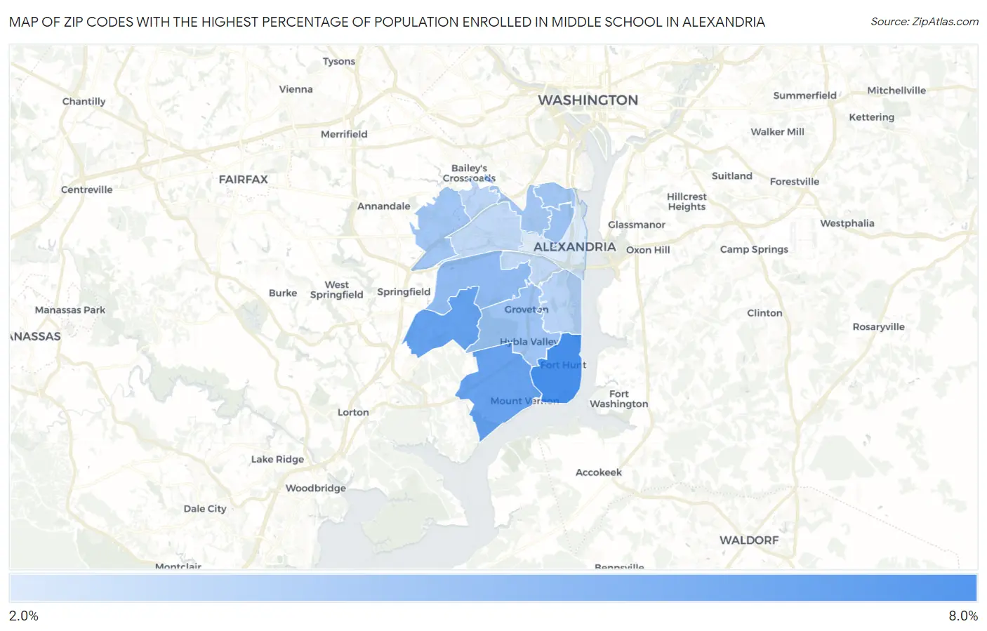 Zip Codes with the Highest Percentage of Population Enrolled in Middle School in Alexandria Map