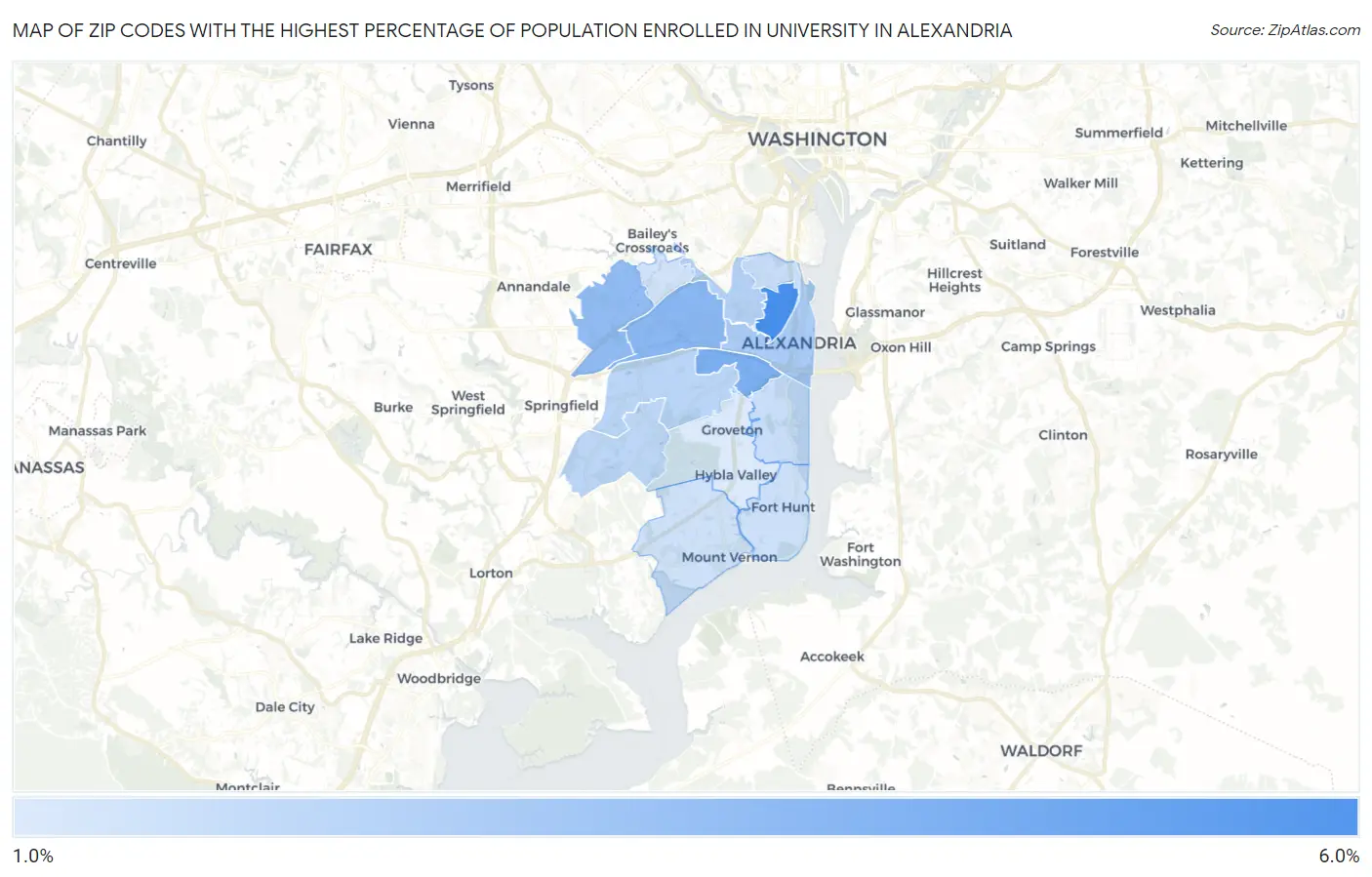 Zip Codes with the Highest Percentage of Population Enrolled in University in Alexandria Map