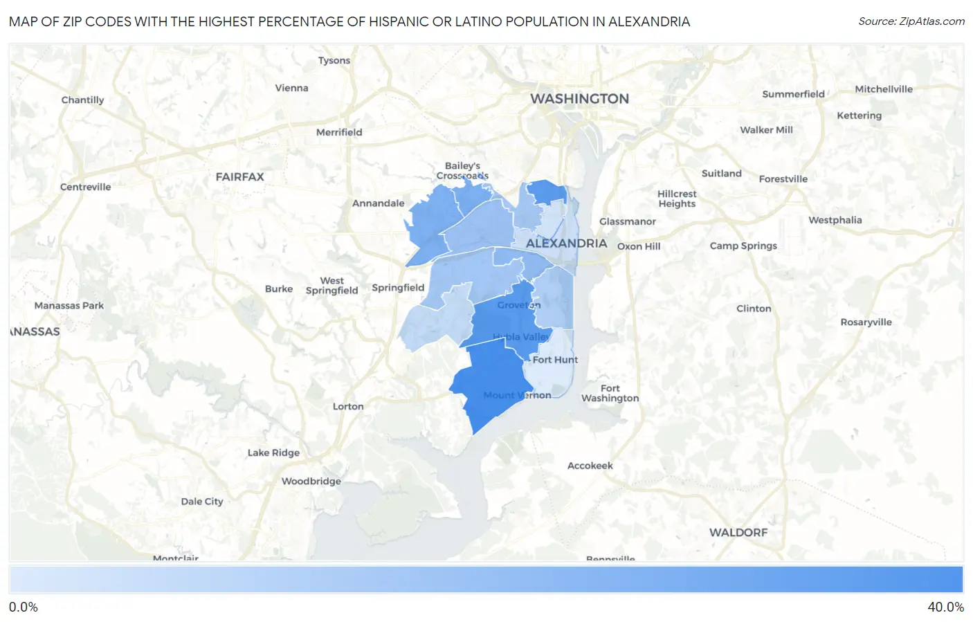 Zip Codes with the Highest Percentage of Hispanic or Latino Population in Alexandria Map