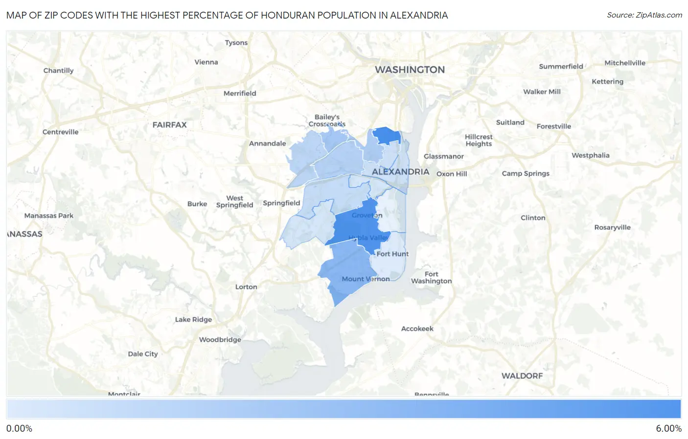 Zip Codes with the Highest Percentage of Honduran Population in Alexandria Map