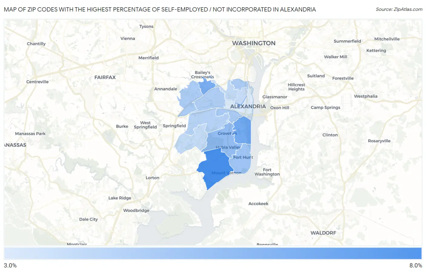 Zip Codes with the Highest Percentage of Self-Employed / Not Incorporated in Alexandria Map