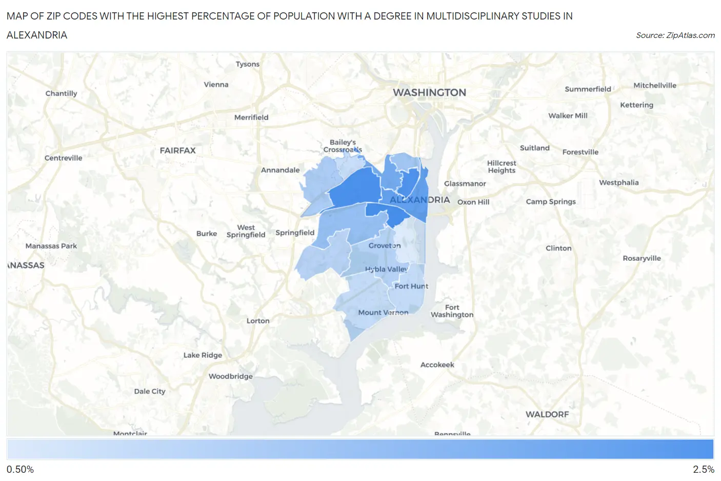 Zip Codes with the Highest Percentage of Population with a Degree in Multidisciplinary Studies in Alexandria Map