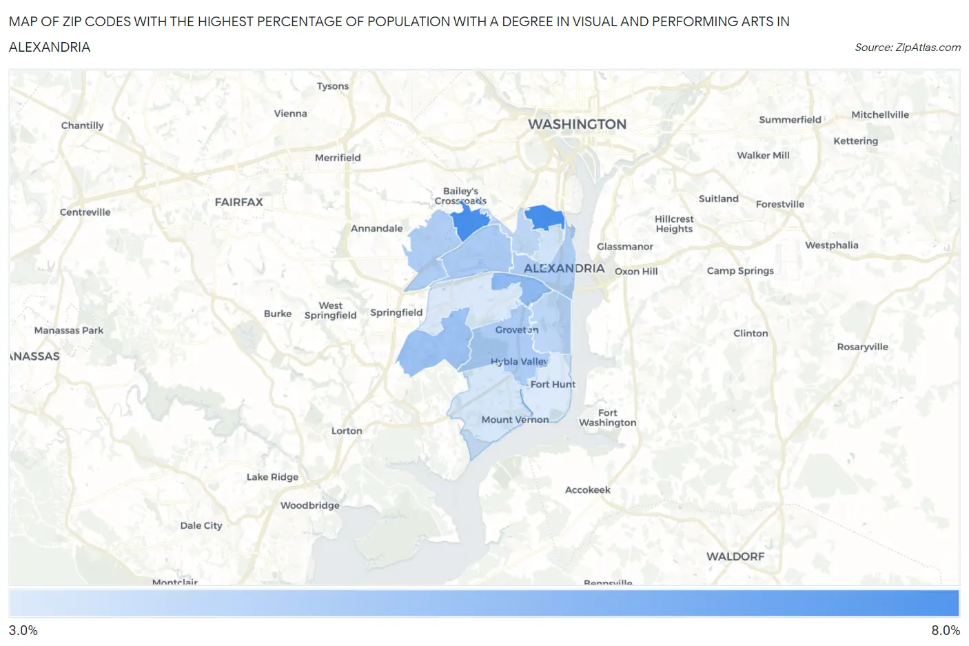 Zip Codes with the Highest Percentage of Population with a Degree in Visual and Performing Arts in Alexandria Map