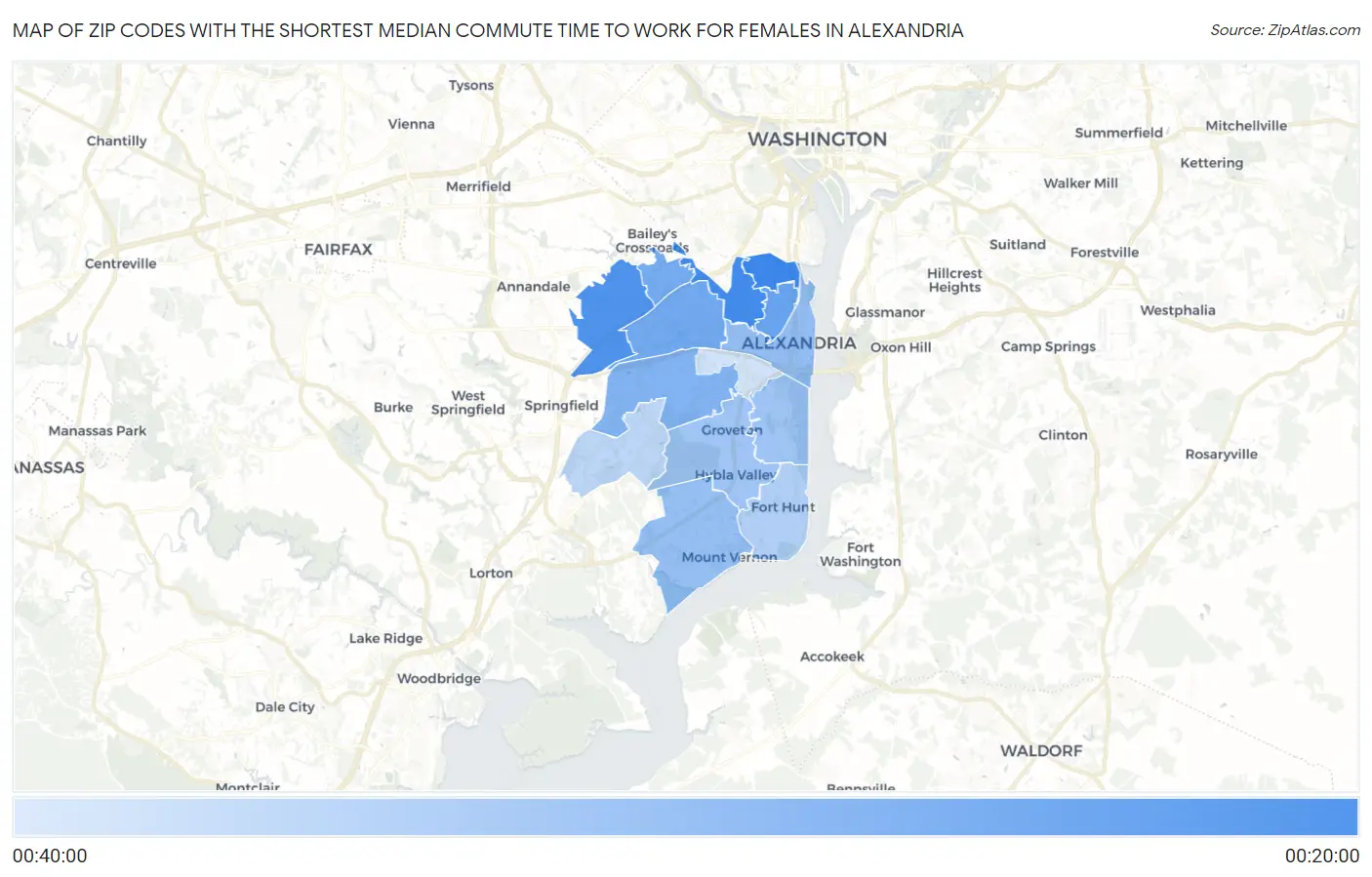 Zip Codes with the Shortest Median Commute Time to Work for Females in Alexandria Map