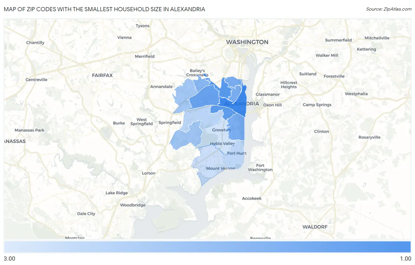 Zip Codes with the Smallest Household Size in Alexandria Map