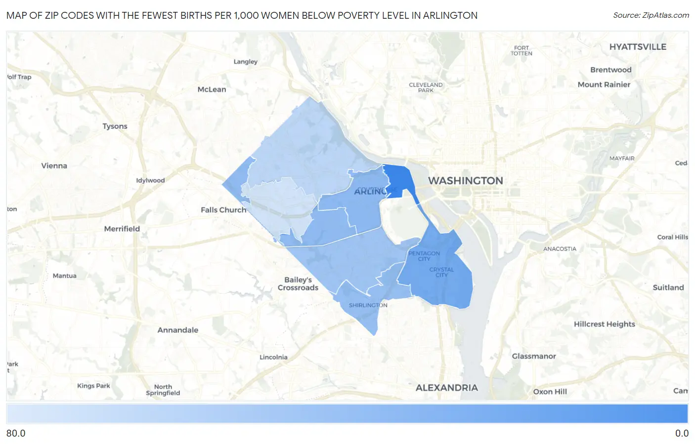 Zip Codes with the Fewest Births per 1,000 Women Below Poverty Level in Arlington Map