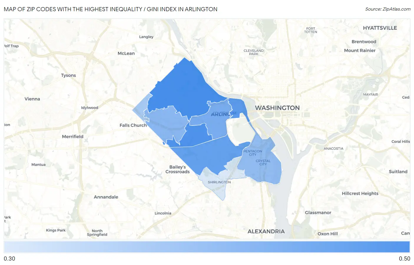 Zip Codes with the Highest Inequality / Gini Index in Arlington Map