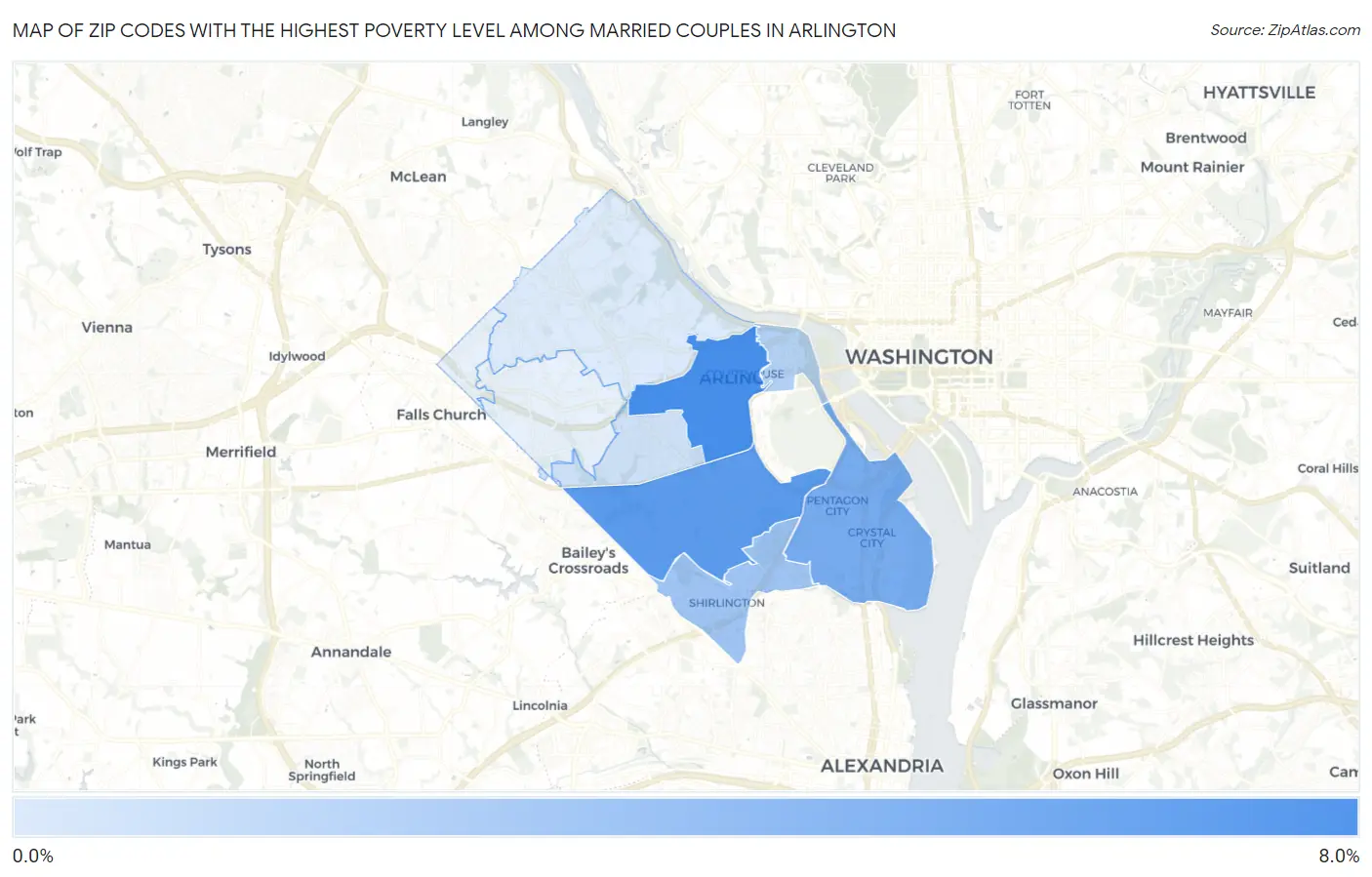 Zip Codes with the Highest Poverty Level Among Married Couples in Arlington Map