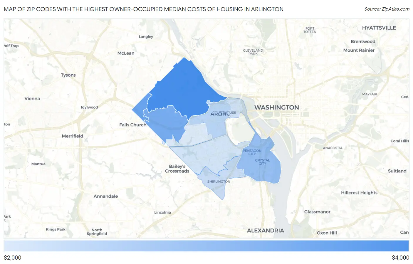 Zip Codes with the Highest Owner-Occupied Median Costs of Housing in Arlington Map