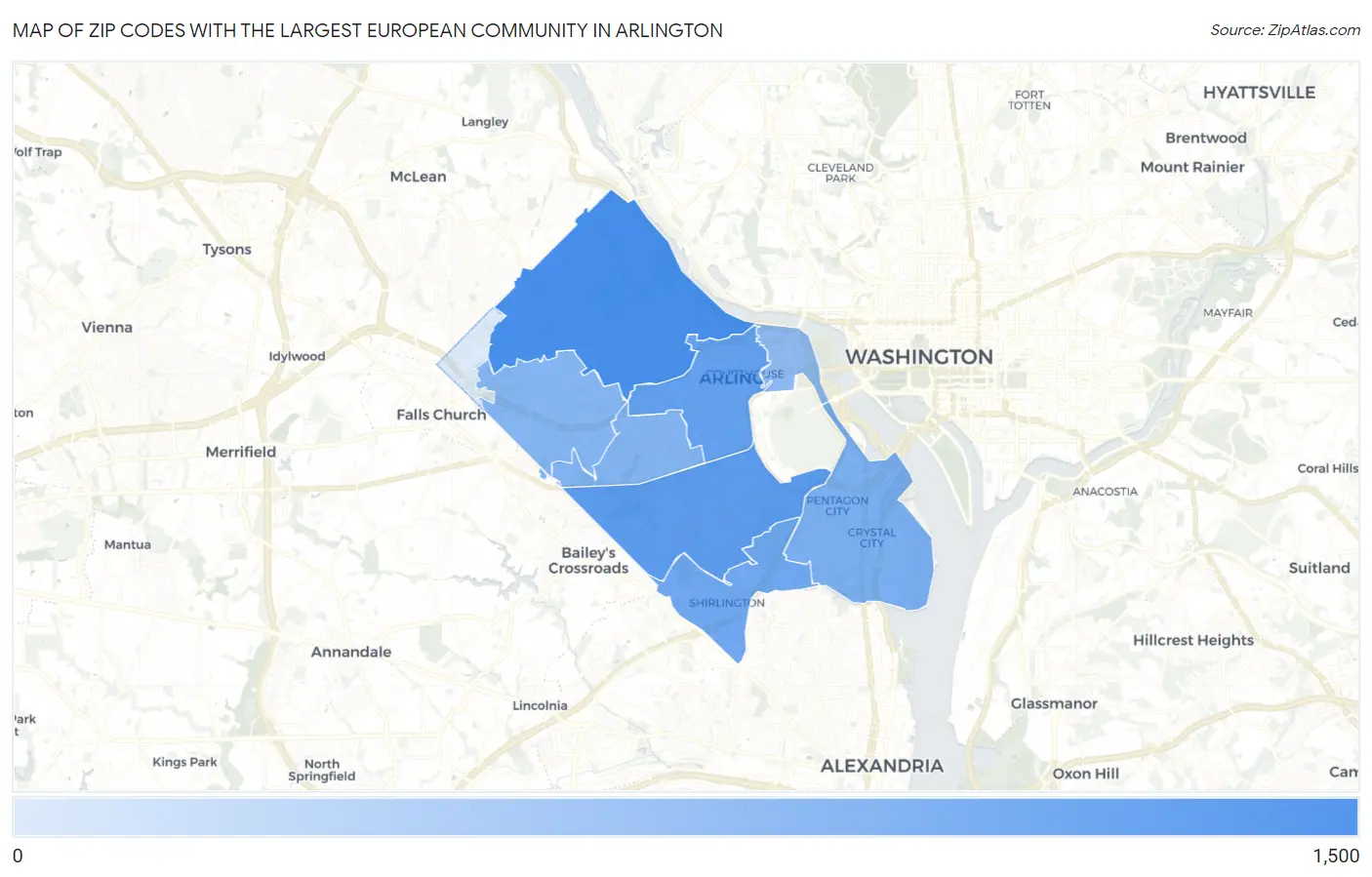 Zip Codes with the Largest European Community in Arlington Map