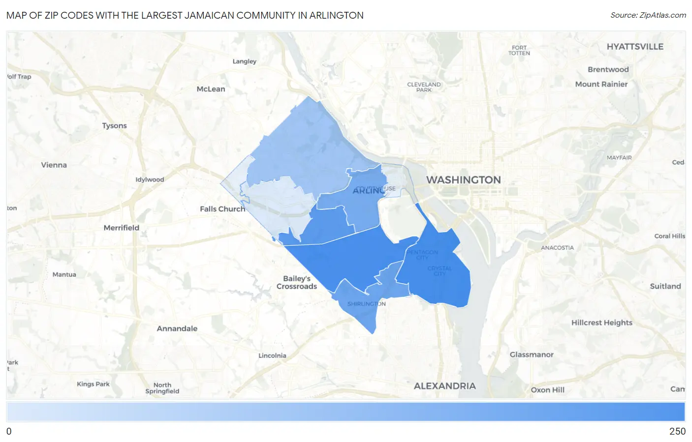 Zip Codes with the Largest Jamaican Community in Arlington Map