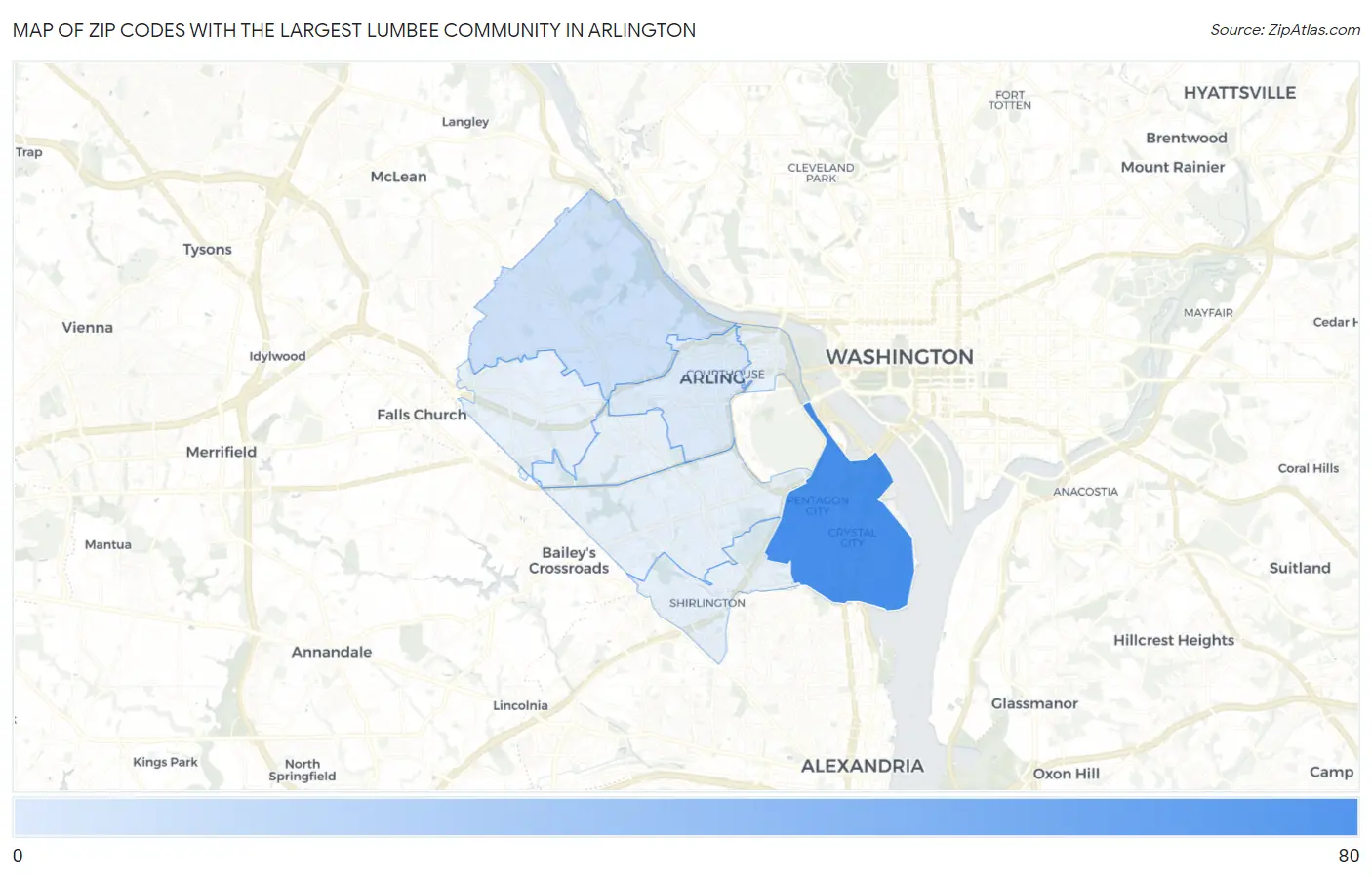 Zip Codes with the Largest Lumbee Community in Arlington Map