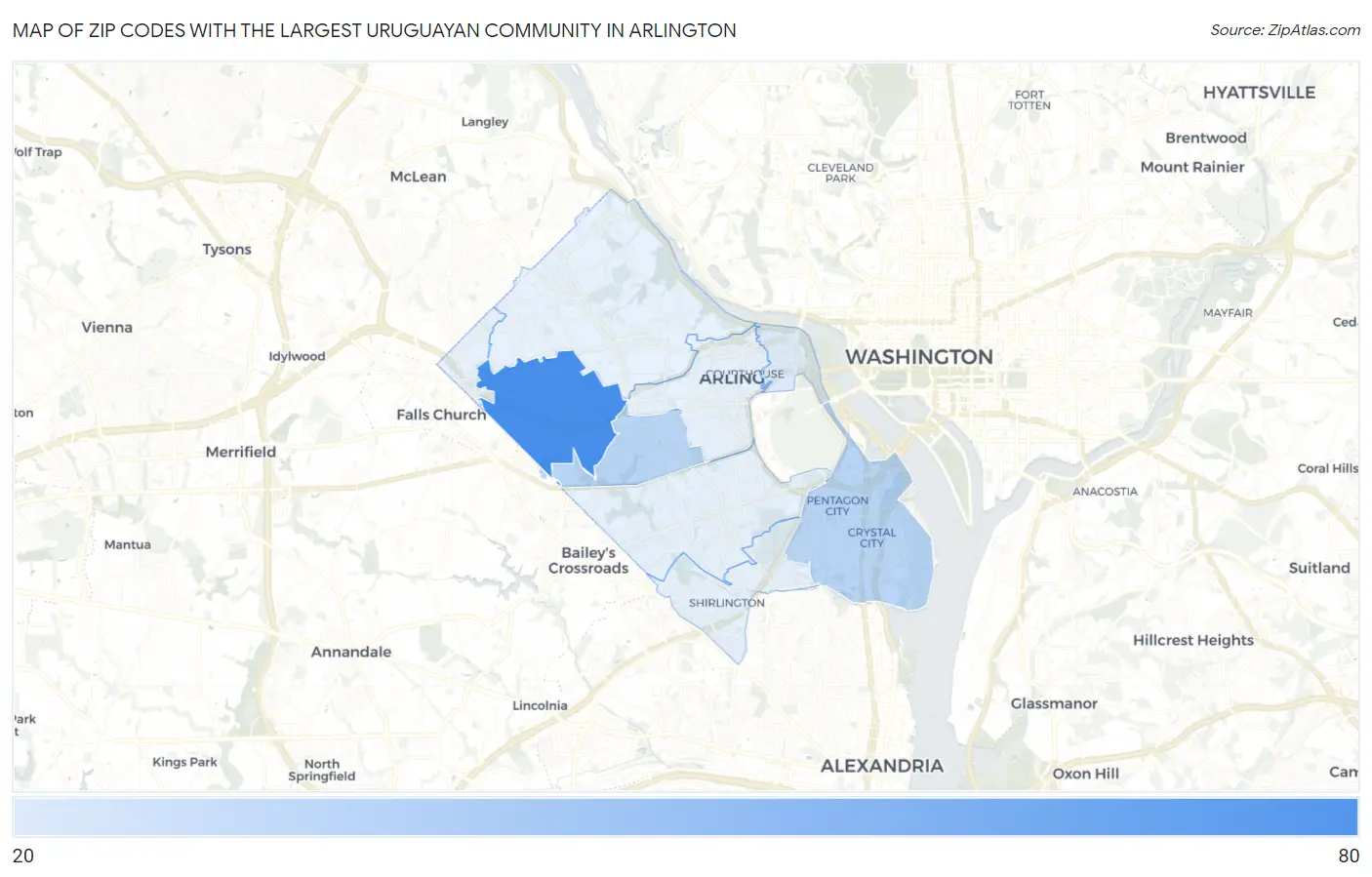Zip Codes with the Largest Uruguayan Community in Arlington Map