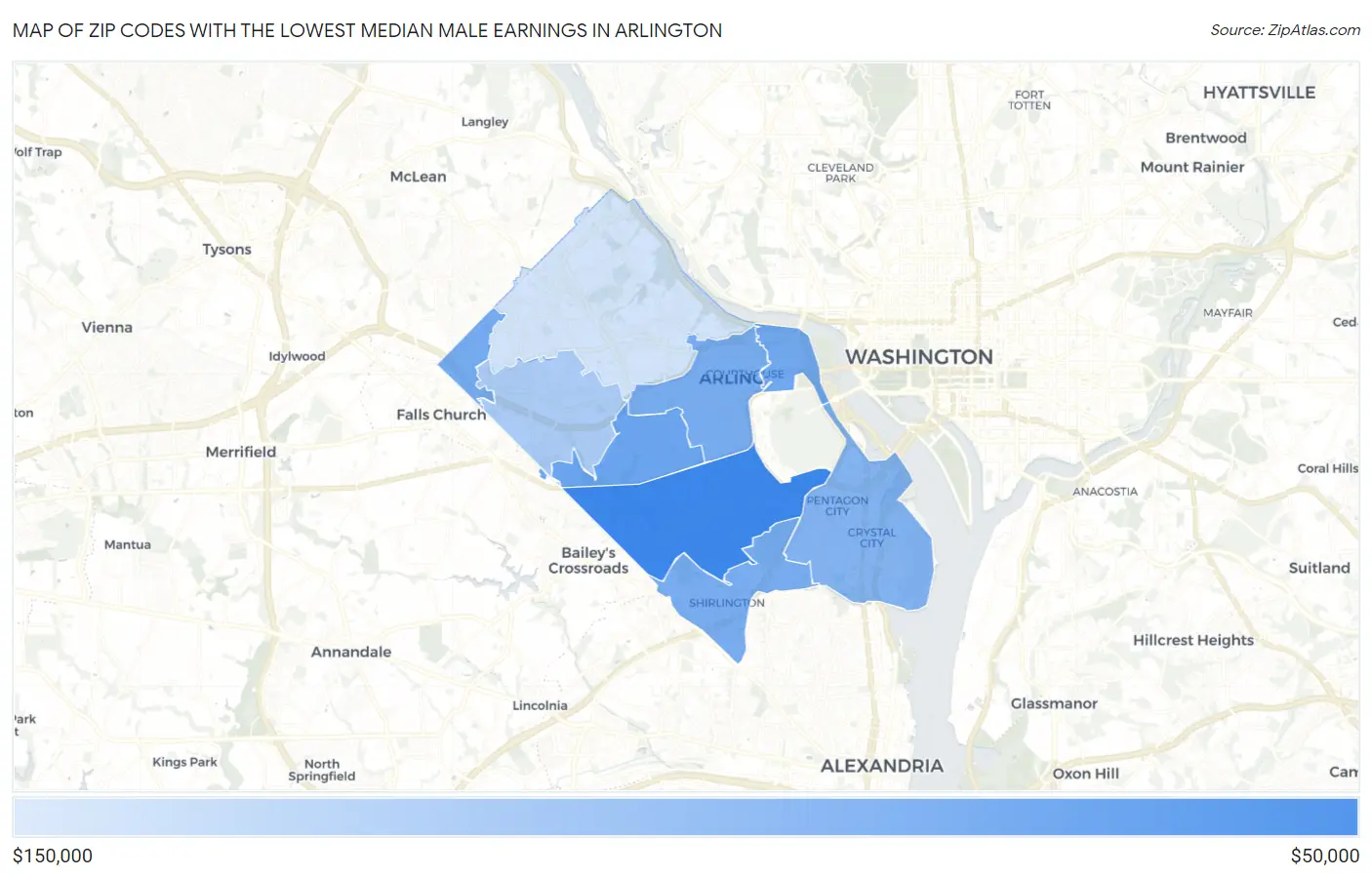 Zip Codes with the Lowest Median Male Earnings in Arlington Map