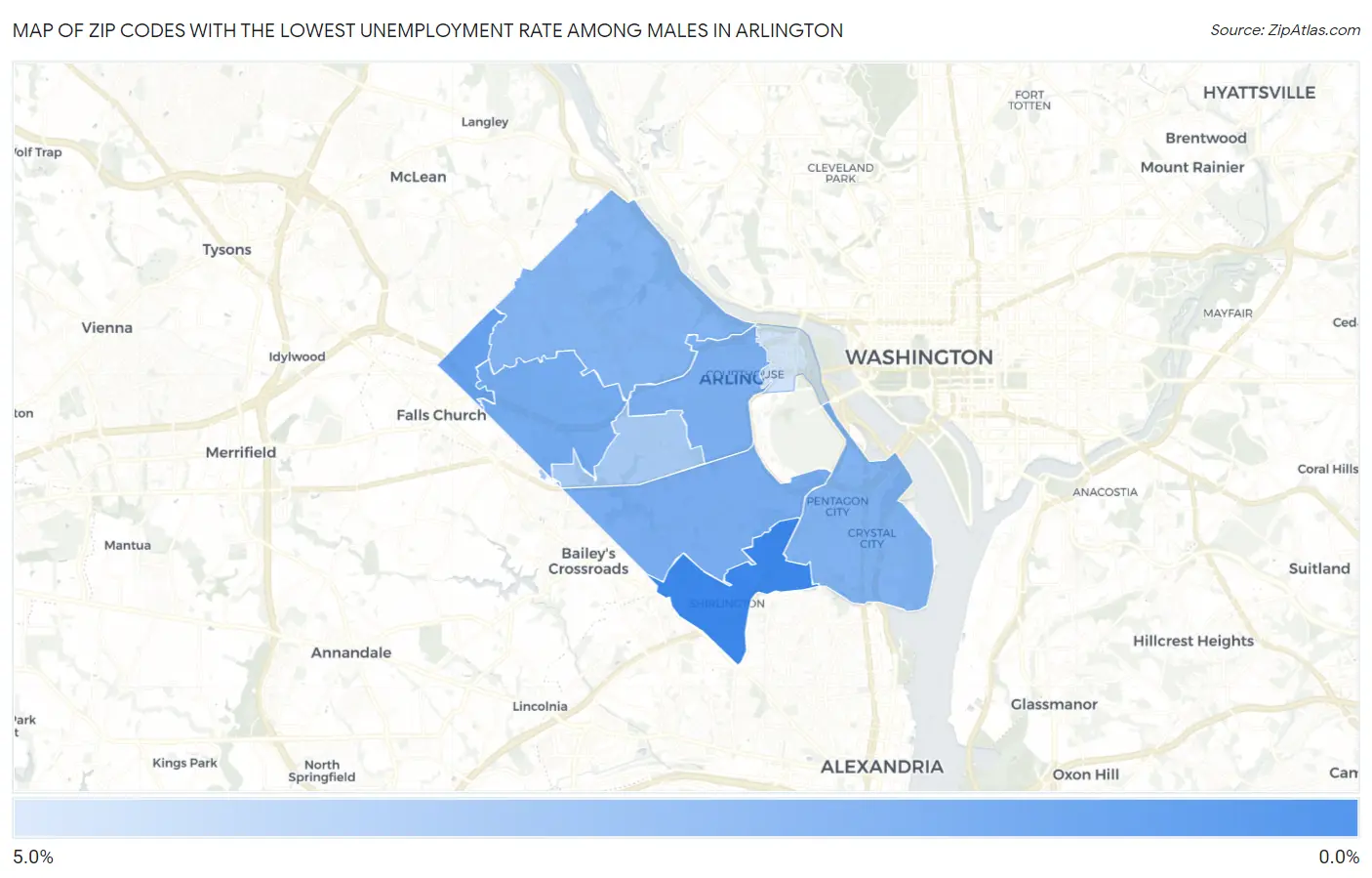 Zip Codes with the Lowest Unemployment Rate Among Males in Arlington Map