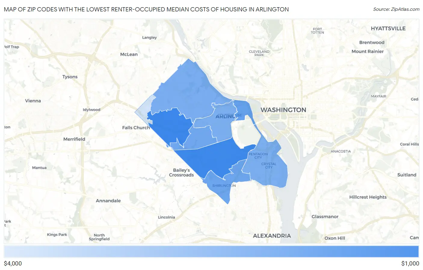 Zip Codes with the Lowest Renter-Occupied Median Costs of Housing in Arlington Map