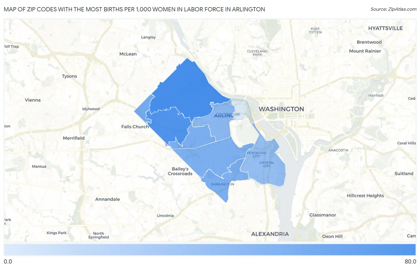 Zip Codes with the Most Births per 1,000 Women in Labor Force in Arlington Map
